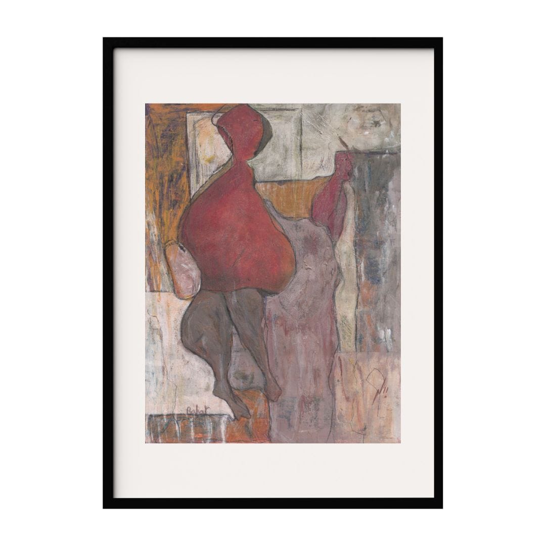 This artwork featuring abstract human forms in muted tones, with a dominant red figure in the foreground. The background is textured, blending warm and cool colors, creating a sense of depth and movement. The piece invites introspection.