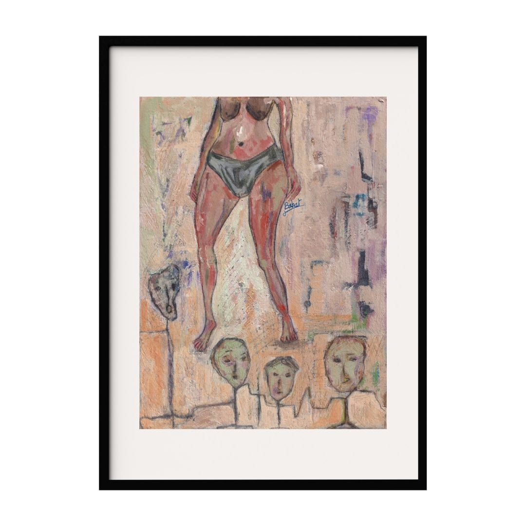 This artwork features a partial figure standing above abstract faces, set against a textured, muted background. The blend of bold colors and expressive forms creates a sense of depth and mystery. This piece explores themes of identity and presence.