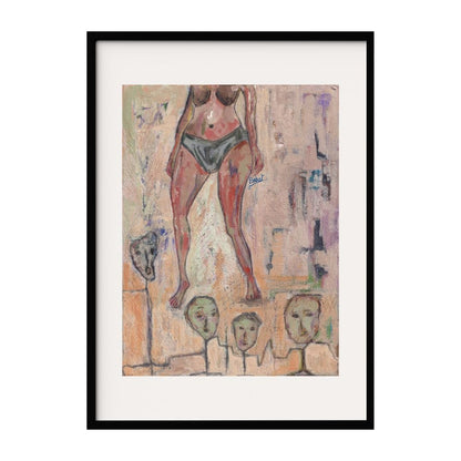 This artwork features a partial figure standing above abstract faces, set against a textured, muted background. The blend of bold colors and expressive forms creates a sense of depth and mystery. This piece explores themes of identity and presence.