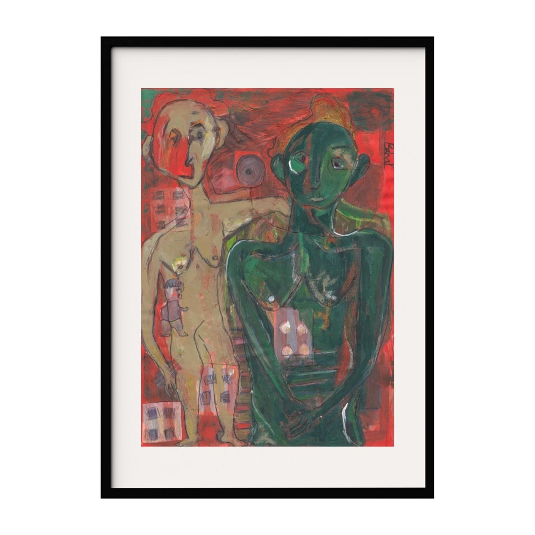 A vivid portrayal of contrasting human figures, blending bright and dark colors to depict emotional abstract complexity. The striking red background amplifies the intensity, while the figures's expressions add depth to the narrative.