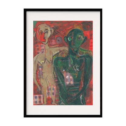 A vivid portrayal of contrasting human figures, blending bright and dark colors to depict emotional abstract complexity. The striking red background amplifies the intensity, while the figures's expressions add depth to the narrative.