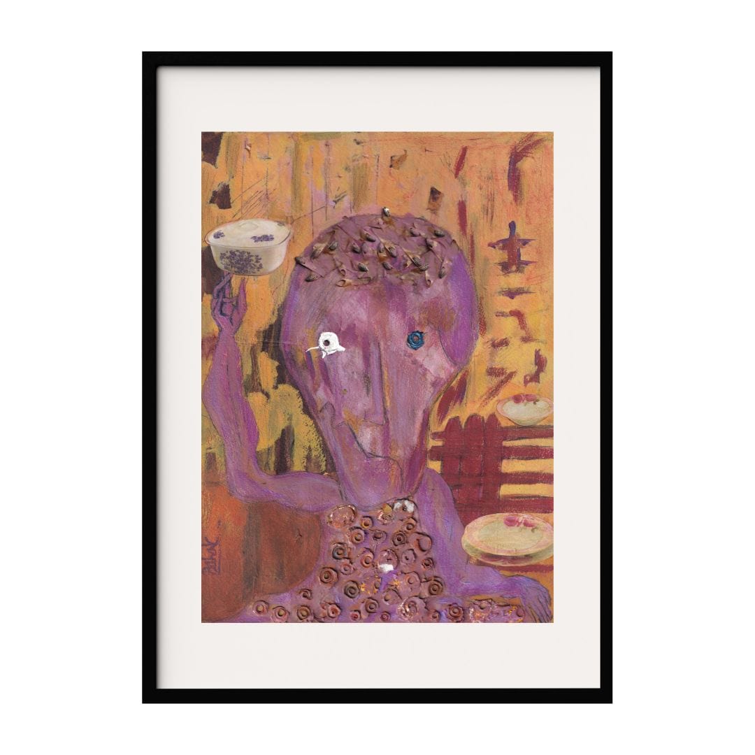 A vibrant figure in purples and pinks holds a bowl aloft, surrounded by textures and patterns. Warm yellows and oranges create a rich tapestry, enhancing the figure's enigmatic presence. A surreal and abstract world blending reality and imagination.