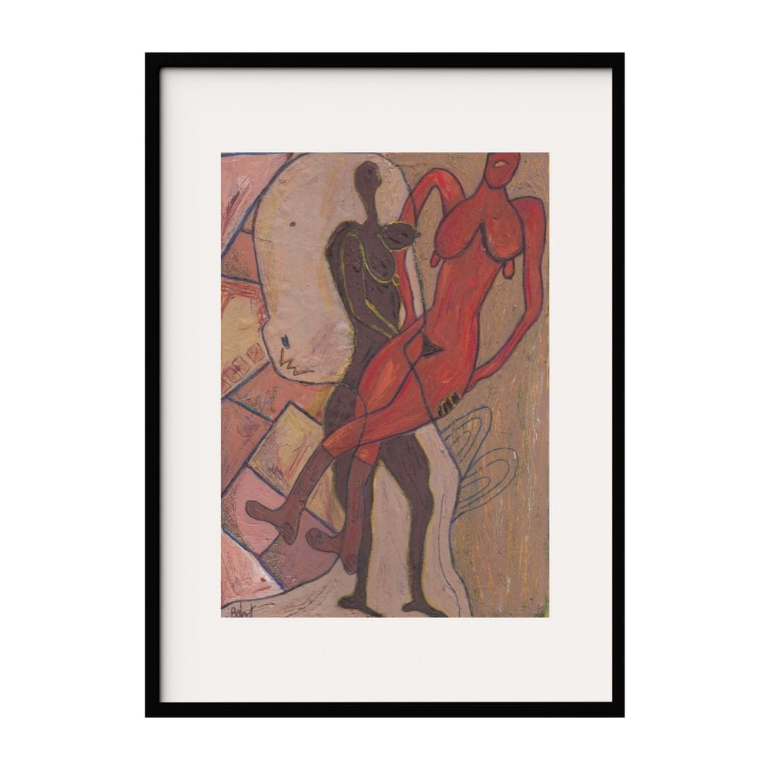 A contemporary and abstract depiction of two intertwined figures, rendered in bold, contrasting colors. The geometric background enhances the sense of movement and connection, making this a captivating piece of modern expressionist art.