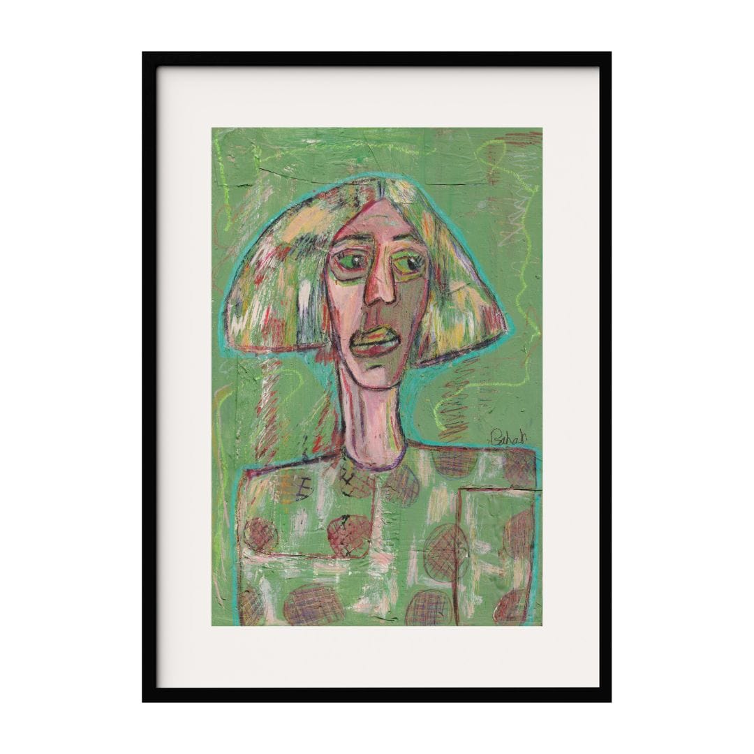 This artwork features a portrait rendered in vibrant green tones. The abstract, expressive style captures the intense emotions of the figure, with textured brushstrokes adding depth and character. This piece stands out for its bold color choices.