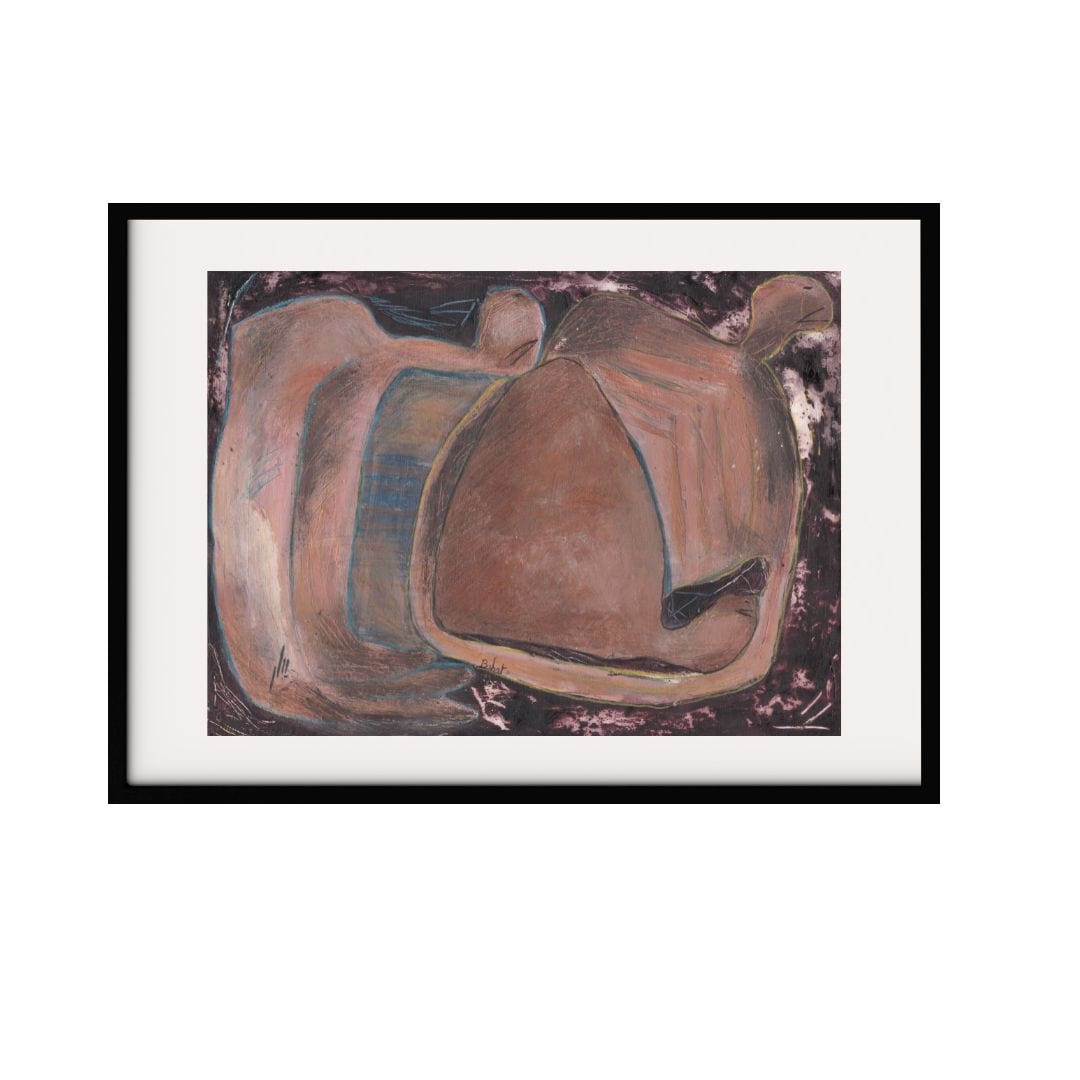 An abstract painting featuring intertwined organic shapes in earthy tones, set against a dark, textured background. The fluid forms and rich colors evoke a sense of movement and depth, making it a captivating piece for any modern art collection.