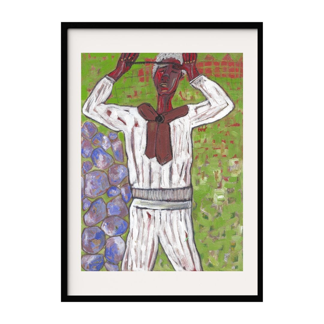 This vibrant abstract painting depicts a black man in a white striped suit with a red tie, standing against a green background with blue stones. His hands are raised to his head, adding emotional depth to the Neo-Expressionism style artwork.