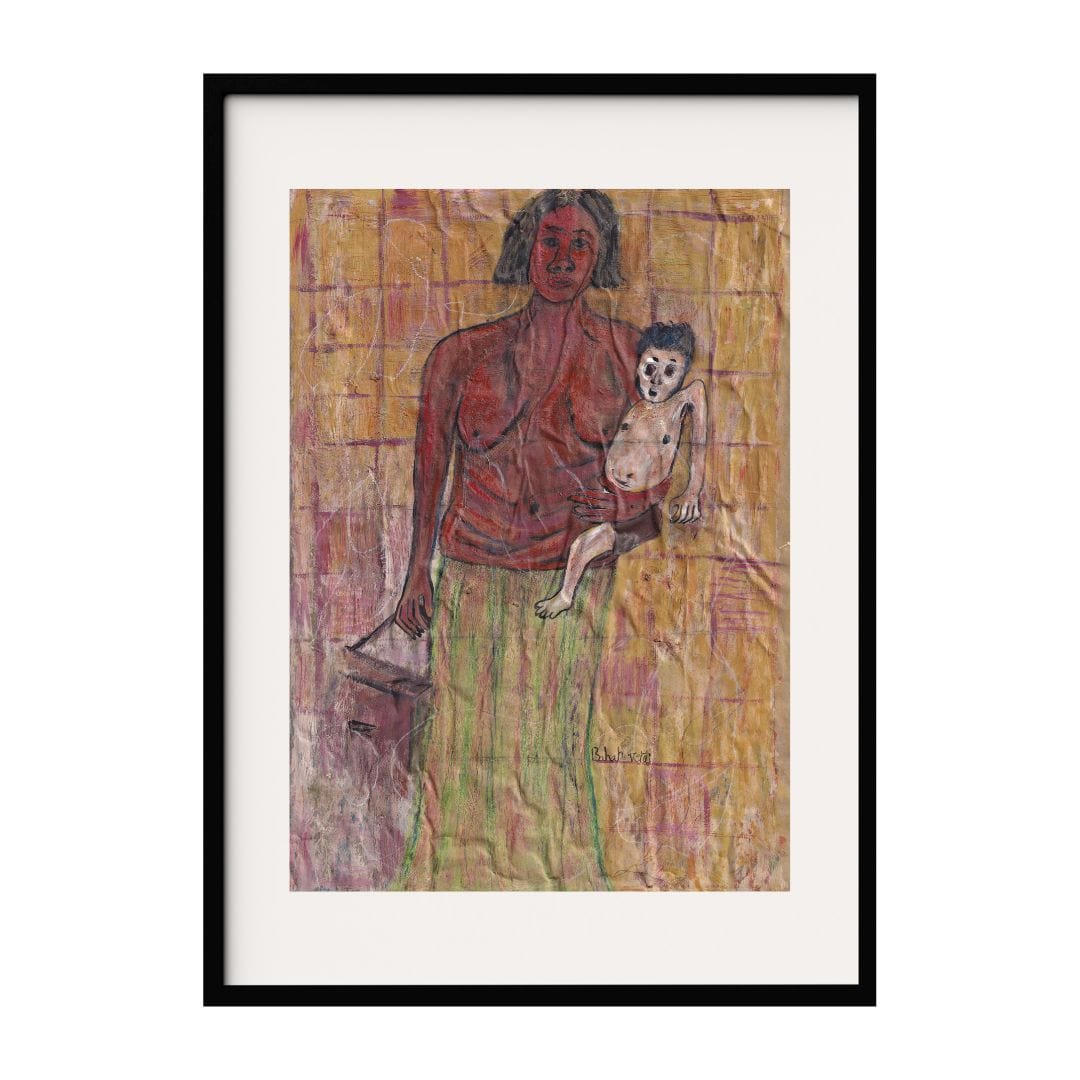 This artwork depicts a black woman carrying a white child. The figures are rendered in expressive, raw strokes, highlighting the emotional weight of the scene. The background is textured with warm tones enhancing the depth and intensity of the piece.