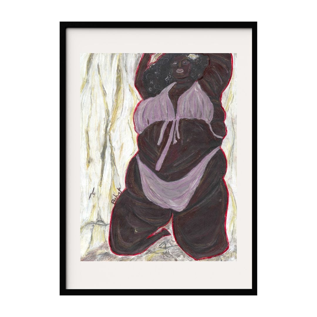 This abstract surreal artwork features an expressionist style figure of a black, fat woman. The use of dark and contrasting colors, combined with expressive brush strokes, emphasizes the powerful presence and dynamic energy of the subject.