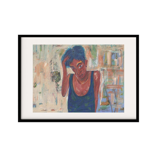 This expressive horizontal artwork portrays a contemplative figure, seemingly lost in thought. The figure is in blue hair and dark clothing contrast with the lighter, abstract background, emphasizing her thoughtful pose and emotional depth.