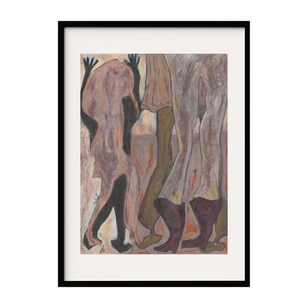 A mixed media artwork featuring abstract figures in motion, their forms blending into a textured background. The elongated limbs and flowing lines convey a sense of movement and unity, creating a dynamic visual experience for modern art enthusiasts.