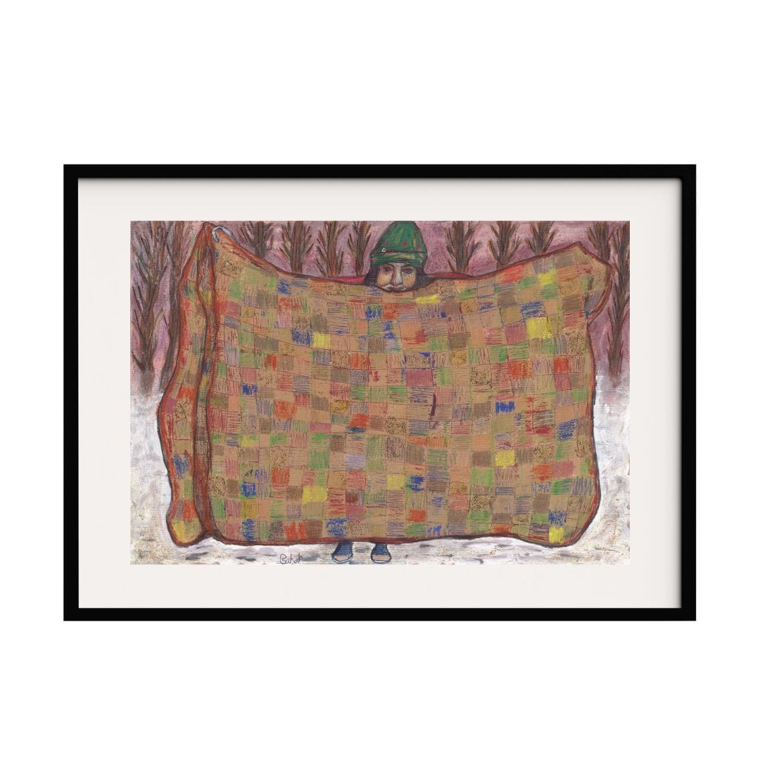 A mixed media painting depicting a girl holding a large, colorful patchwork quilt in a wintery landscape. The intricate patterns and vibrant hues of the quilt contrast beautifully with the muted background, creating a heartwarming surreal scene.