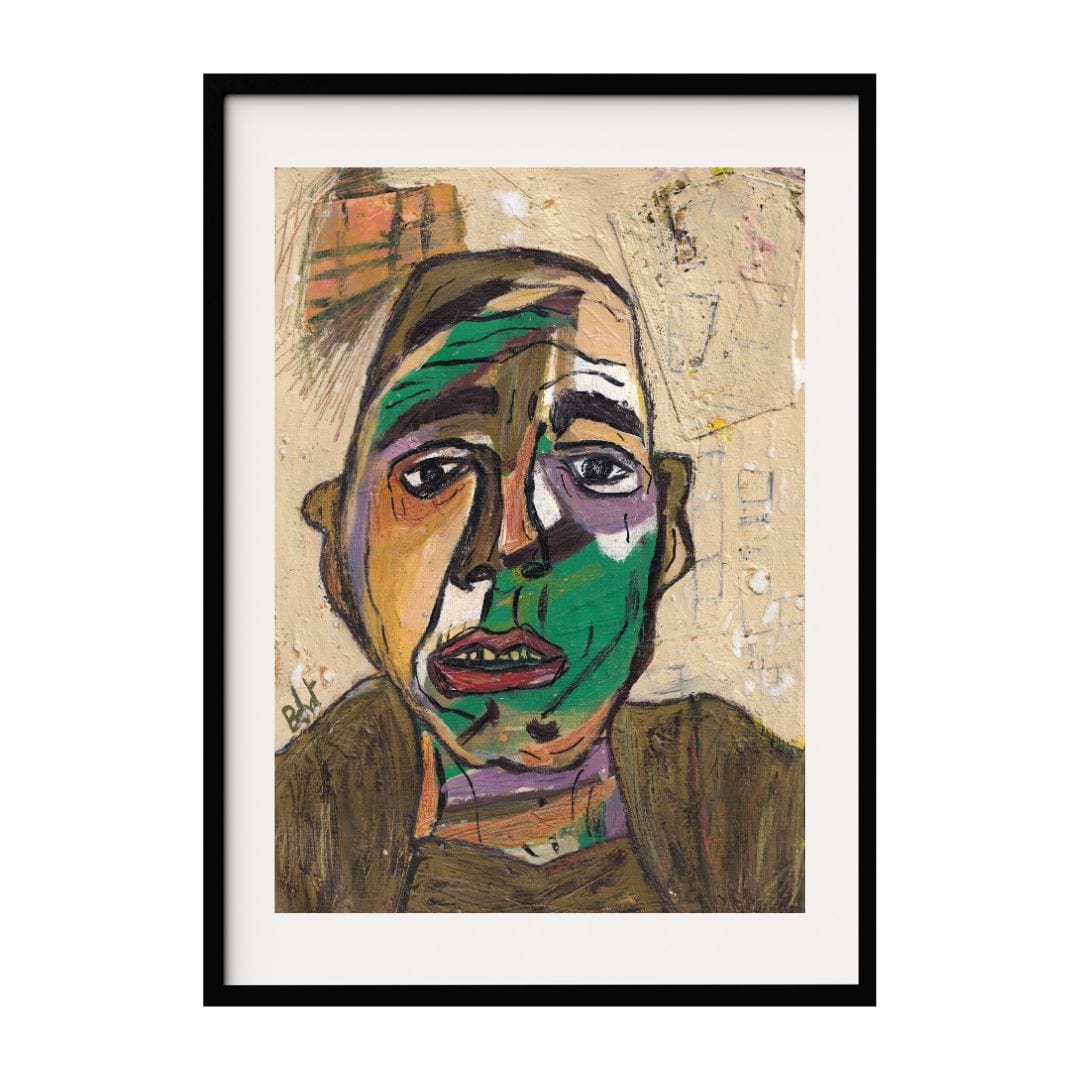 This portrait features a man's face divided into colorful geometric sections. The use of green, purple and yellow contrasts sharply with the neutral background, creating a powerful visual. The man's expressive eyes and open mouth convey deep emotion.