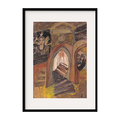 This expressionist style artwork features an intricate scene set within an arched architectural frame. The blend of figurative elements and surreal touches, such as the multiple hands and expressive faces creates a sense of mystery and introspection.