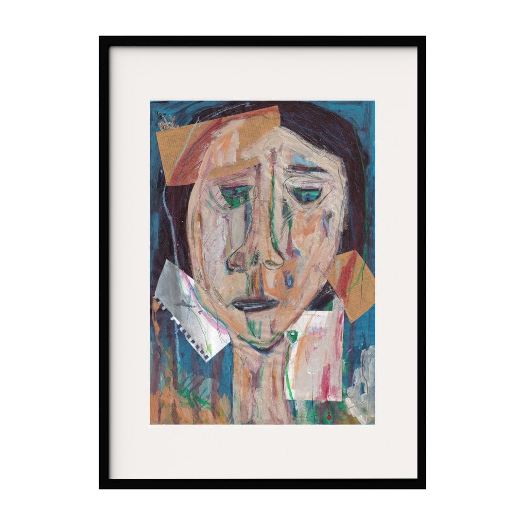 An abstract portrait of a girl with a somber expression, featuring a mix of geometric shapes and textured elements. The use of muted colors and layered patterns conveys deep emotions and introspection.