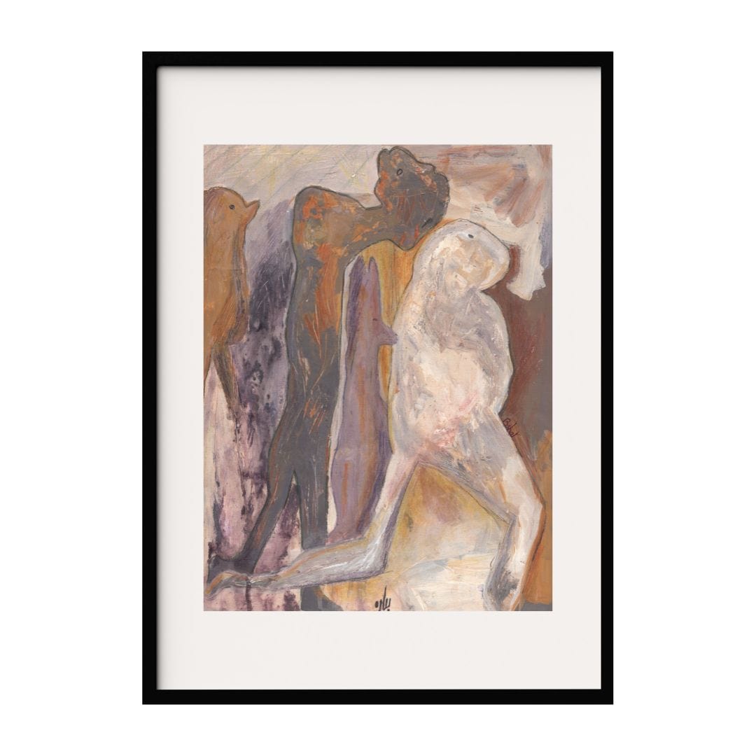 A mixed media painting featuring abstract figures in motion against a textured background. The dynamic composition and expressive brushstrokes capture a sense of movement, making this piece a striking addition to any contemporary art collection.