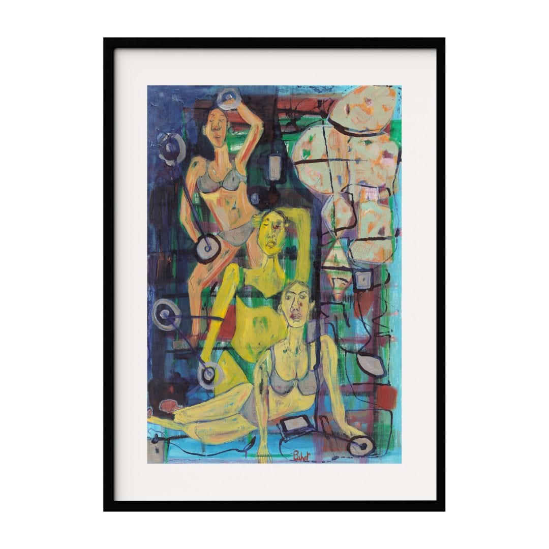 This artwork features a group of women engaged in various poses, set against a vibrant and abstract background. The bold use of colors and geometric shapes adds depth and energy to the scene. This piece captures the essence of interaction at a gym.