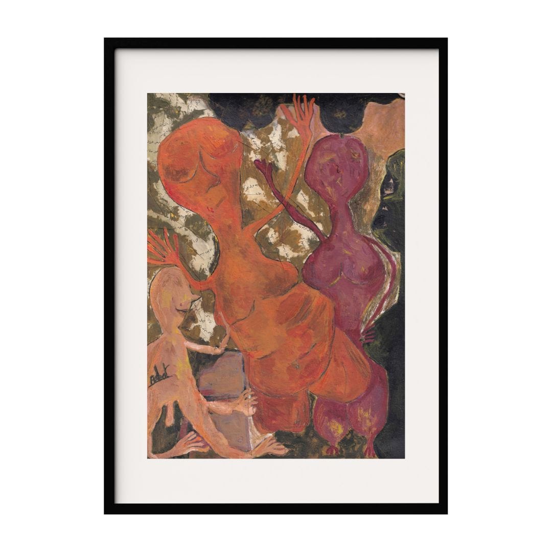 This artwork showcases abstract figures in warm tone, engaged in dynamic and expressive postures. The textured background and bold color palette create a sense of emotion. This piece invites viewers to interpret the interaction between figures.