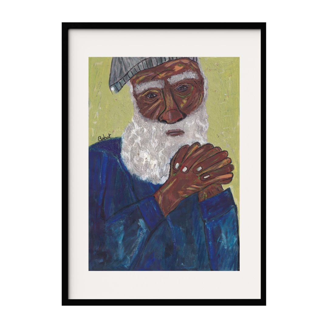 This artwork portrays an elderly man with a contemplative expression, characterized by white beard and clasped hands. The use of rich tones and textured brushstrokes adds depth and emotion to the art, capturing a sense of wisdom and introspection.