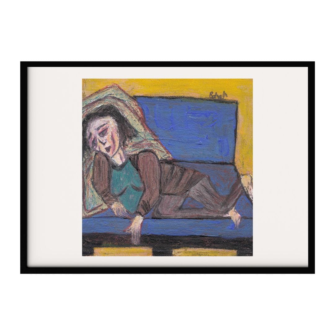 This artwork depicts a girl reclining on a blue couch appearing deep in thought. The figure is dressed in a green top and brown pants with expressive facial features that evoke a sense of melancholy. The background features a blend of yellow and blue.