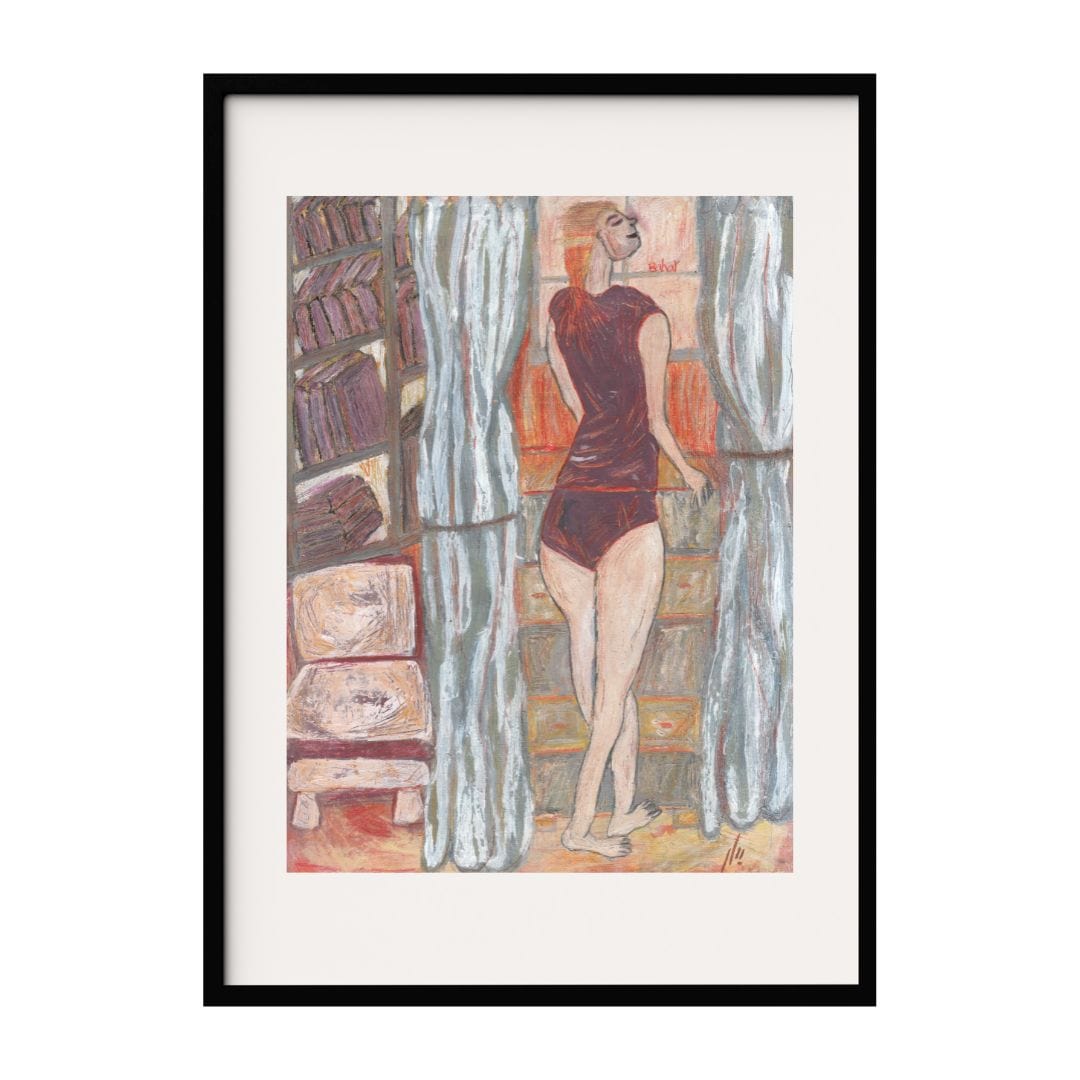 A mixed media artwork featuring a solitary girl in a red dress, standing between tall bookshelves and flowing curtains. The textured layers and warm tones evoke a sense of introspection and quiet elegance, making it a striking addition to any space.