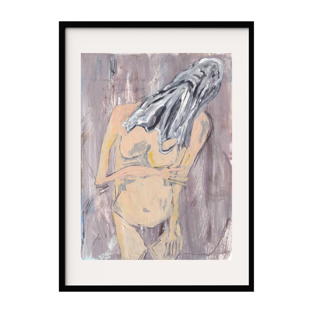 This abstract artwork features a nude figure with a grey cloth draped over the head, creating a sense of anonymity. The muted color palette and expressive brushstrokes emphasize the vulnerability of the subject in the expressionist style piece.