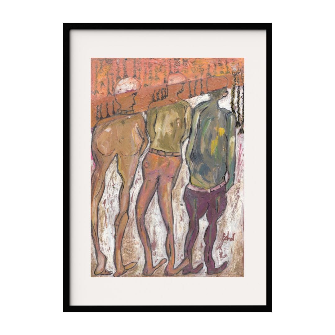 This artwork features three figures standing in a row, each with distinct postures and attire. The textured background of warm hues contrasts with the varied colors of the expressionist figures creates an abstract dynamic visual narrative.