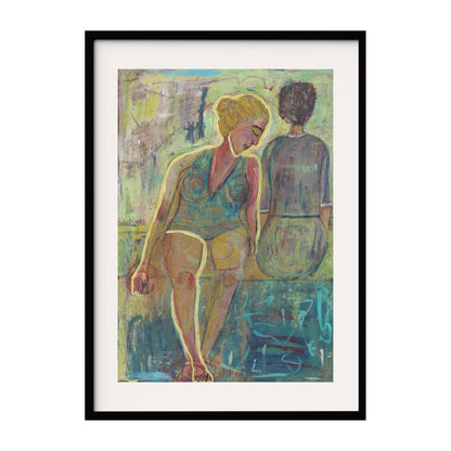 This mixed media artwork features two figures in vibrant hues, both sitting, against a textured backdrop. The piece captures a moment of reflection and connection, with intricate layers and bold colors adding depth and emotion.