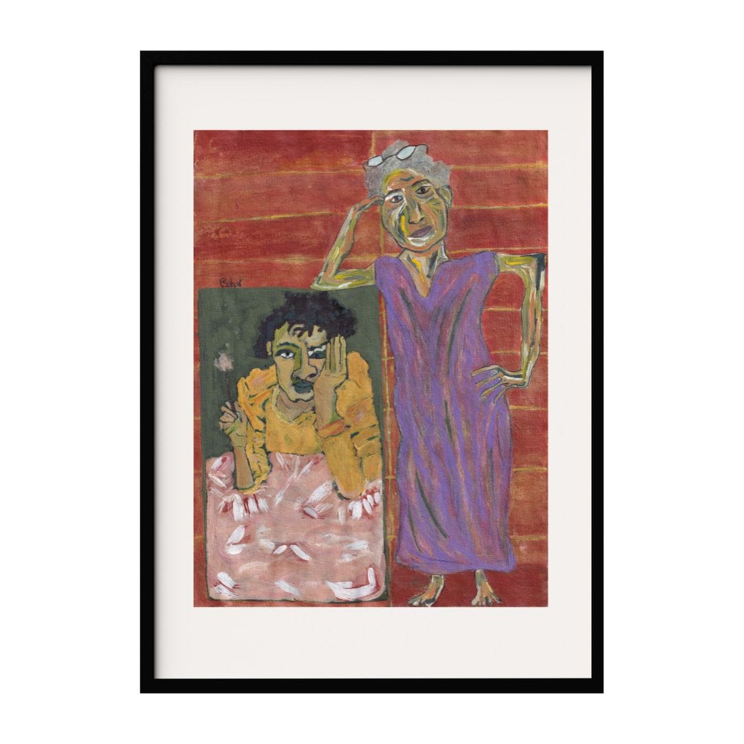 A textured mixed media artwork, featuring two figures in contrasting poses and expressions. The vibrant colors and bold strokes highlight the dynamics between the characters, creating a narrative rich with emotions, perfect for contemporary spaces.