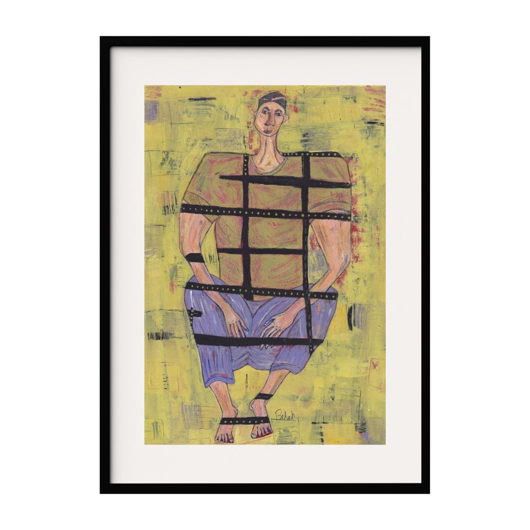 This artwork portrays a prisoner, set against a vibrant yellow background. The bold use of lines and colors creates a striking visual effect, exploring themes of identity and fragmentation. This piece is a captivating addition to any art collection.