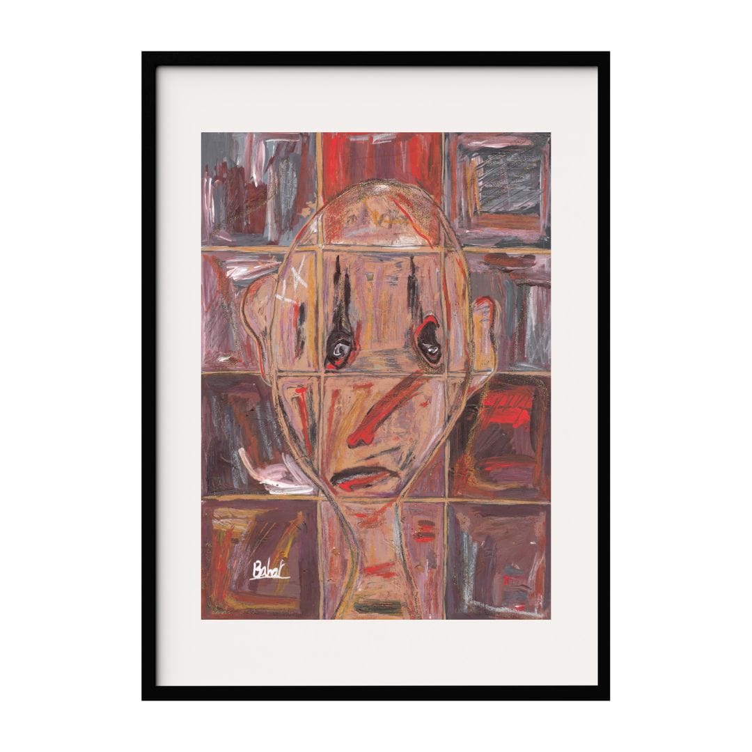 This artwork features a human face with bold, expressive lines and a deep, contemplative expression. The background is composed of abstract geometric shapes in a palette of red and earthy tones, adding a dynamic and intense atmosphere to the piece.