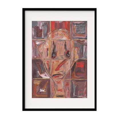 This artwork features a human face with bold, expressive lines and a deep, contemplative expression. The background is composed of abstract geometric shapes in a palette of red and earthy tones, adding a dynamic and intense atmosphere to the piece.