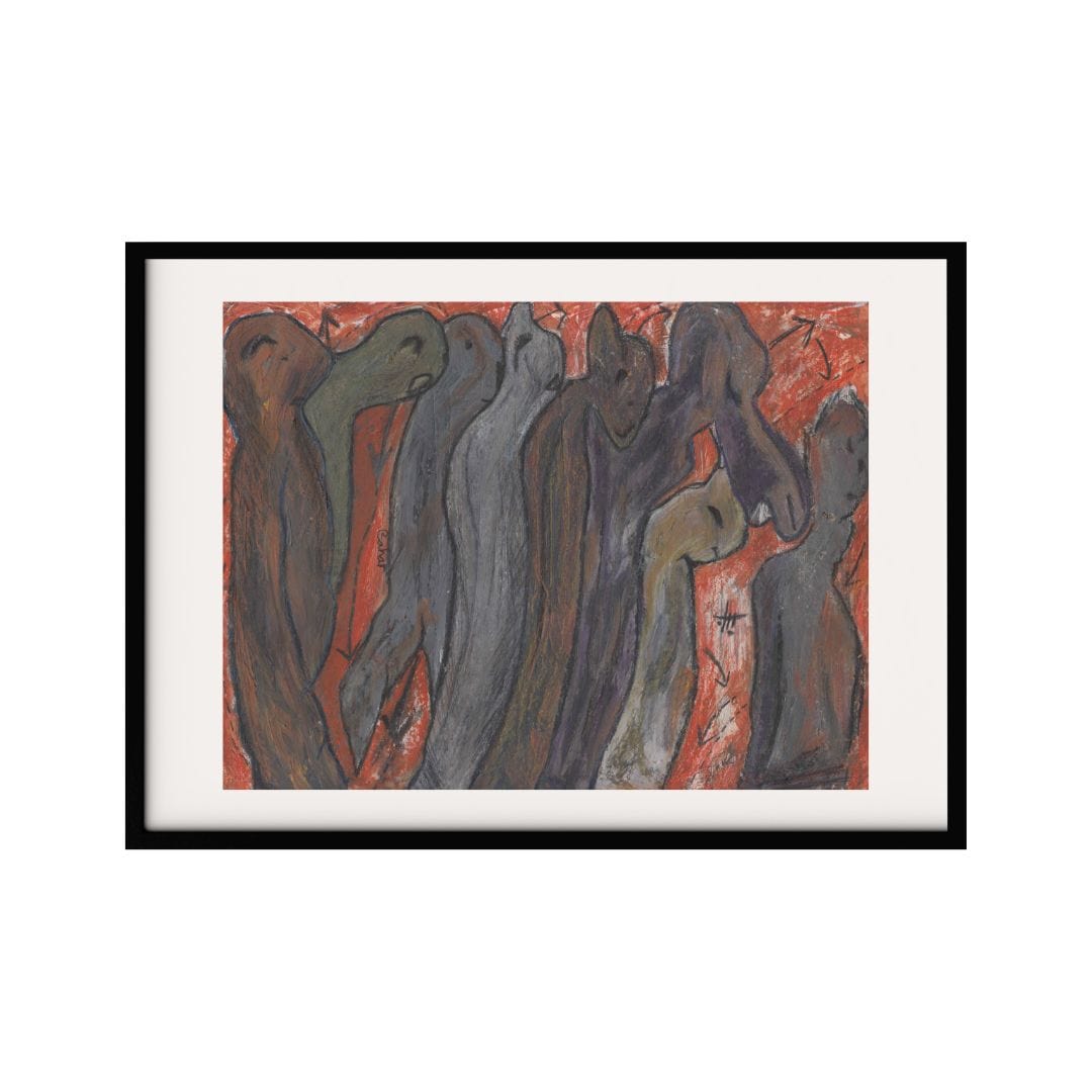 This artwork features a group of figures set against a red background. The use of muted, earthy tones for the figures contrasts sharply with the vivid backdrop creating a sense of depth. The abstract forms and expressive lines convey a sense of unity.