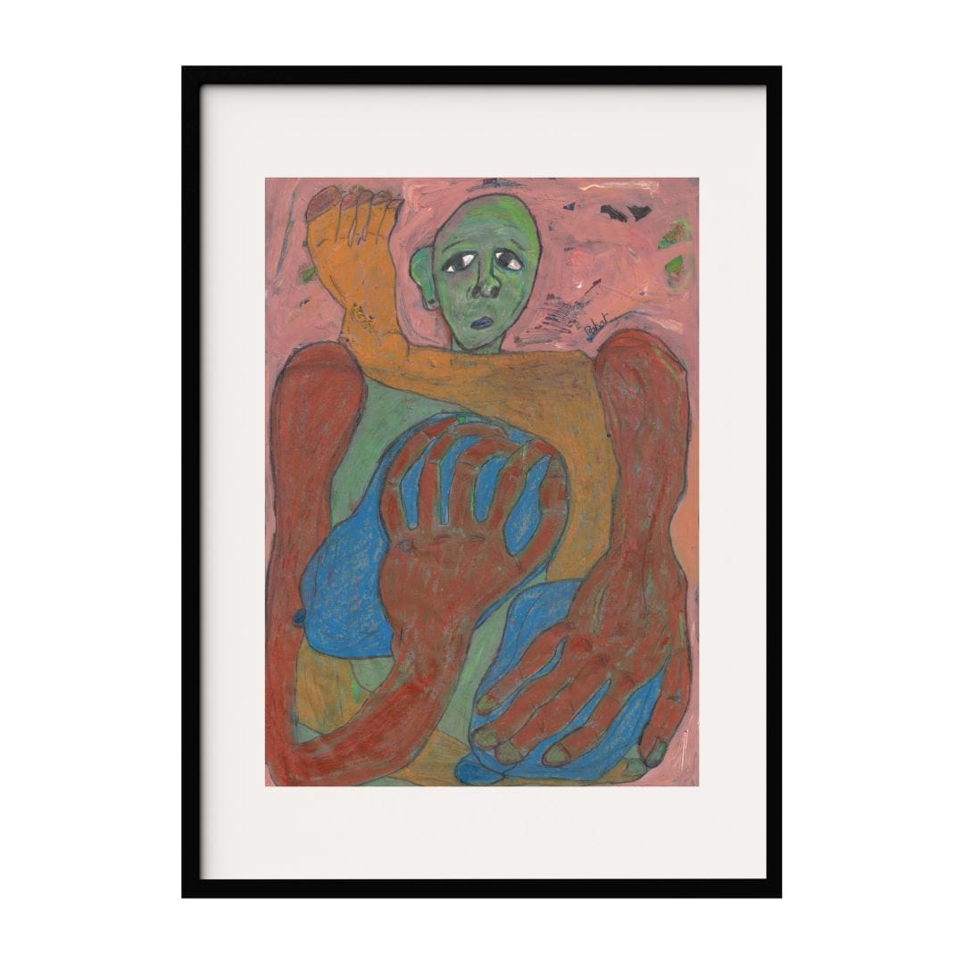 A mixed media painting featuring an abstract figure with green skin and exaggerated red hands and feet against a pink background. The bold colors and dynamic composition create a powerful visual statement, exploring themes of identity and emotion.