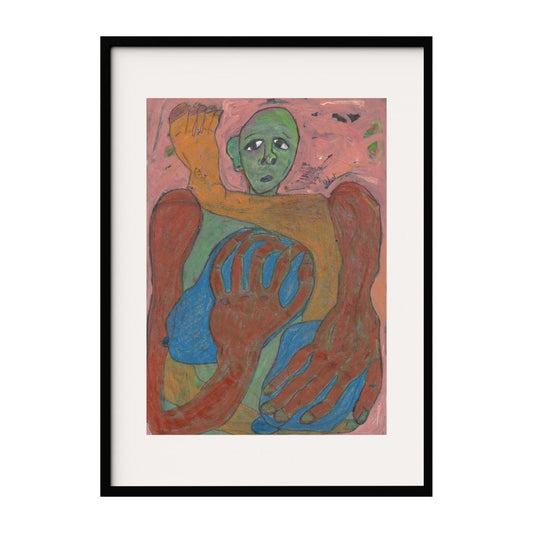 A mixed media painting featuring an abstract figure with green skin and exaggerated red hands and feet against a pink background. The bold colors and dynamic composition create a powerful visual statement, exploring themes of identity and emotion.