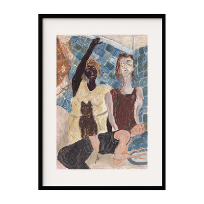 This painting depicts 3 women and a cat in an abstract setting with a mosaic background. One girl raises their arm in a powerful gesture, while another is resting. The use of vibrant colors and varied textures creates a sense of movement and energy.