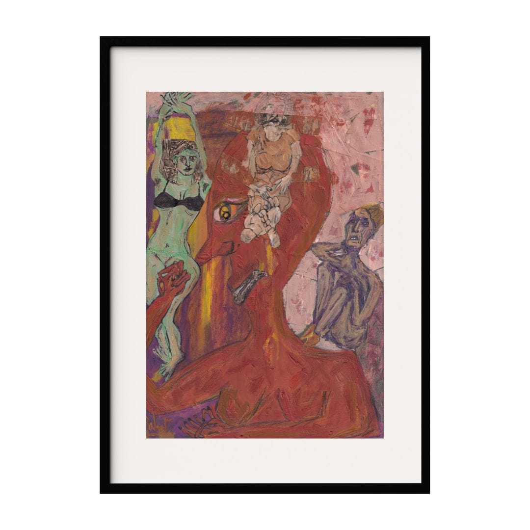 This abstract painting features a surreal composition with multiple figures. The central figure painted in bold red, dominates the scene surrounded by other expressive characters. The background and color palette evoke a sense of chaos and complexity