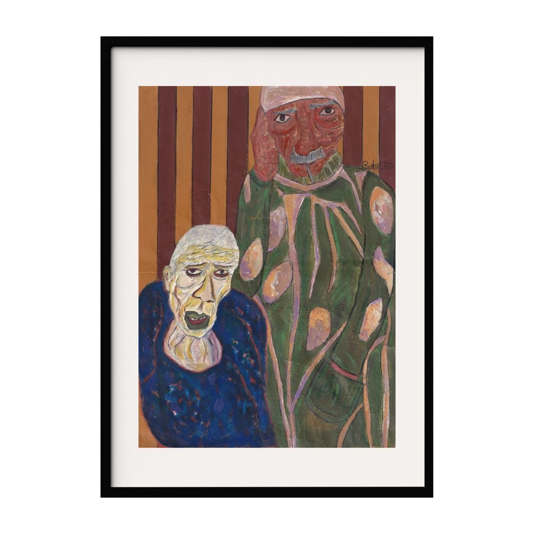 This artwork features two figures, each with expressive faces and distinct, textured attire. The background's vertical stripes contrast with the figures's details, creating a emotive composition that captures a sense of storytelling and connection.