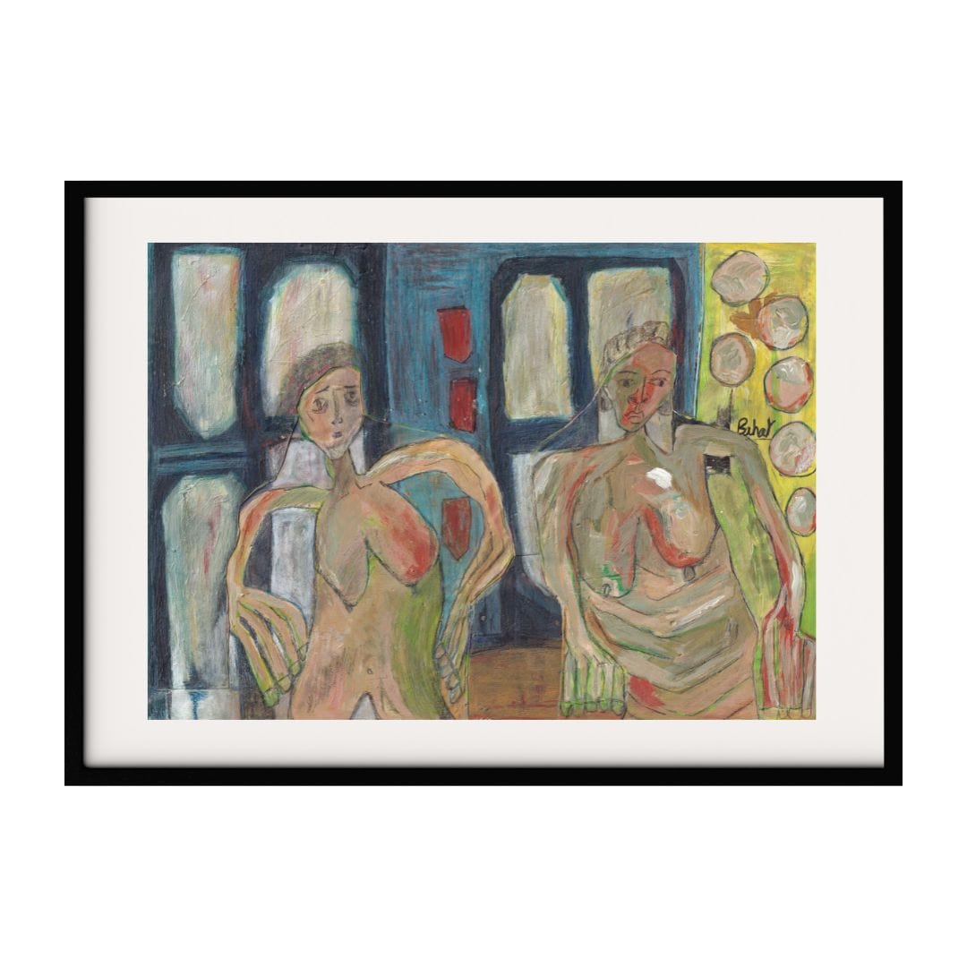 This abstract artwork features two expressive naked women standing against a vibrant and textured background. The use of bold colors and abstract forms creates a dynamic composition, capturing a moment of interaction and feminist introspection.