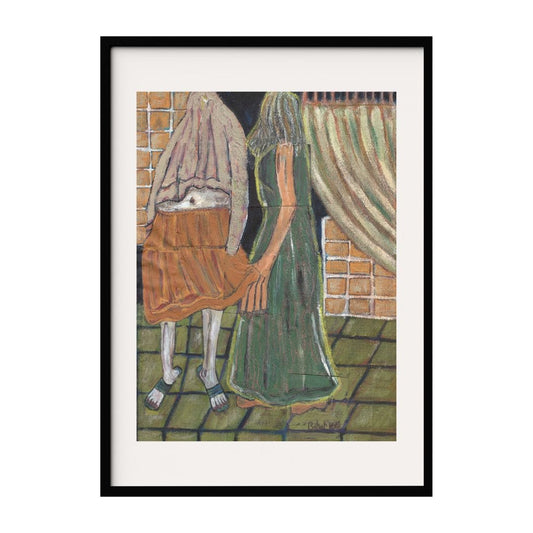 This abstract artwork depicts two figures standing close, engaged in a shared moment in an expressionist theatre scene. One figure wears a green dress while the other sports an orange skirt. The background features a tiled pattern and draped curtains.