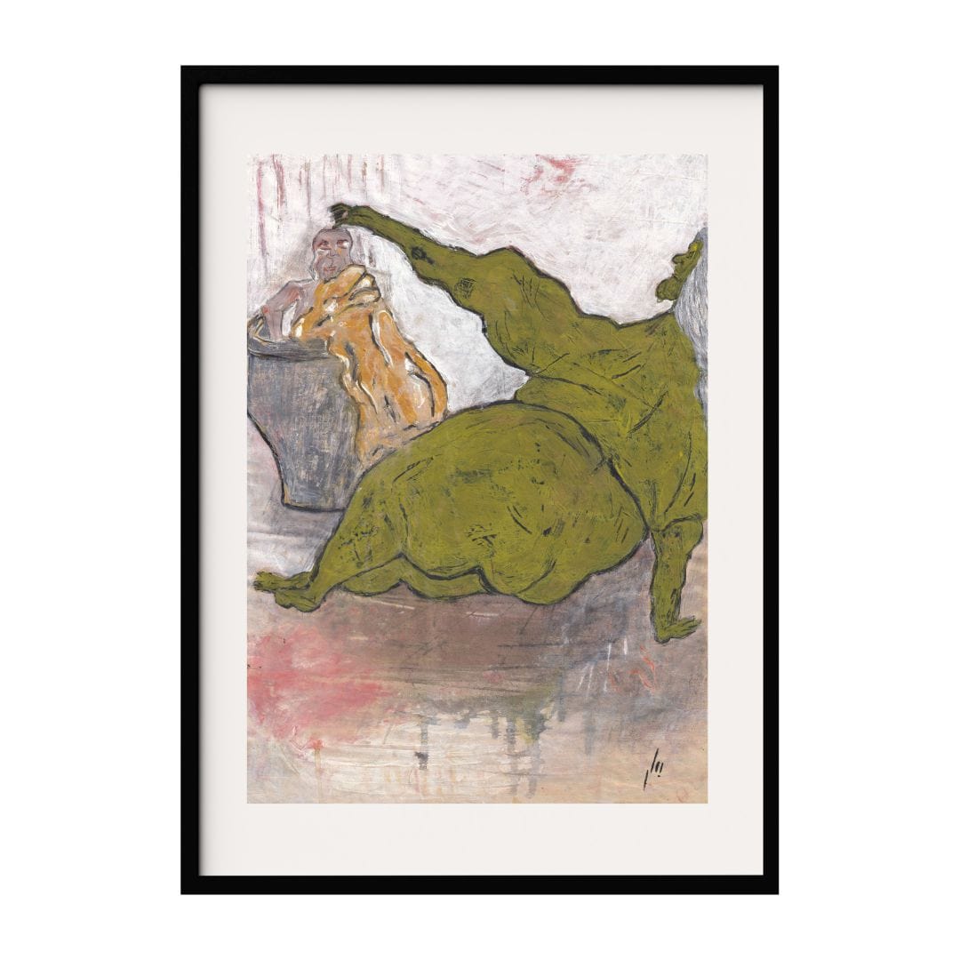 This artwork features two abstract, larger-than-life green figures in an expressive pose. The use of muted colors and textured brushstrokes adds depth and dimension. This abstract expressionist piece explores themes of form and space in a unique way.