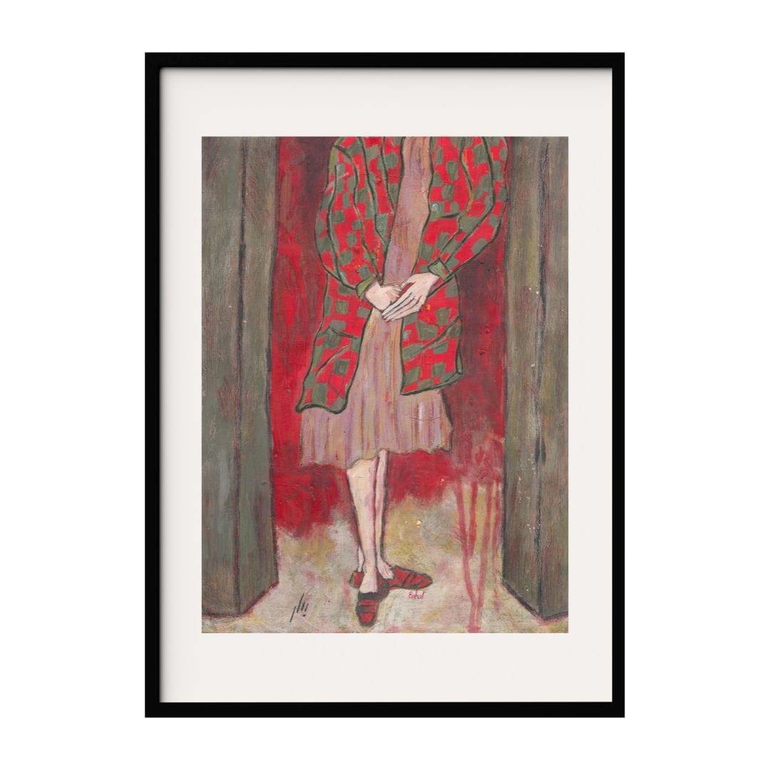 This painting features a woman in a red and green checkered coat, standing between two wooden pillars. Her hands are clasped in front, and the red background adds an intense atmosphere to the piece. The artwork conveys a sense of stillness and depth.