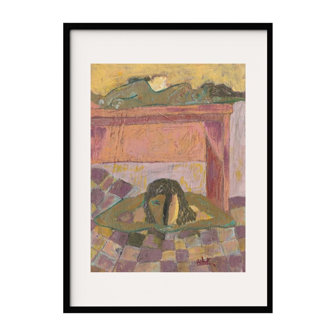 This artwork features a woman lying contemplatively on a surface, set against a textured and warm-toned background. The use of muted colors and abstract forms adds a sense of introspection and tranquility to the Neo-Expressionism style piece.