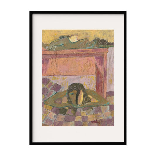 This artwork features a woman lying contemplatively on a surface, set against a textured and warm-toned background. The use of muted colors and abstract forms adds a sense of introspection and tranquility to the Neo-Expressionism style piece.