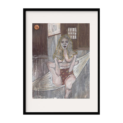 This abstract artwork captures a girl seated in an intimate setting. She, with long, blonde hair and a patterned skirt, is depicted in a contemplative pose. The detailed background elements, including a window and a door, create a sense of depth.