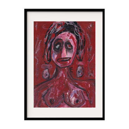 An emotive art featuring a female figure with haunting, dark eyes and exaggerated facial features. The red-dominated background and expressive brushstrokes convey a sense of raw emotion and inner turmoil, highlighting the depths of human expression.