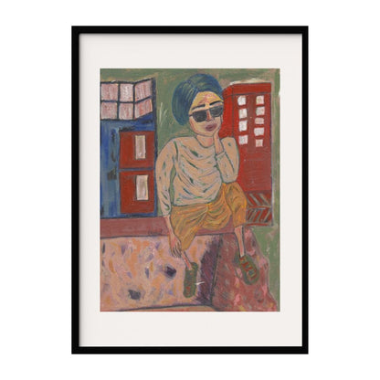 A bold, abstract and expressive painting of a seated figure wearing sunglasses, set against a backdrop of colorful urban architecture. The vibrant hues and dynamic composition capture the essence of city life and introspection.