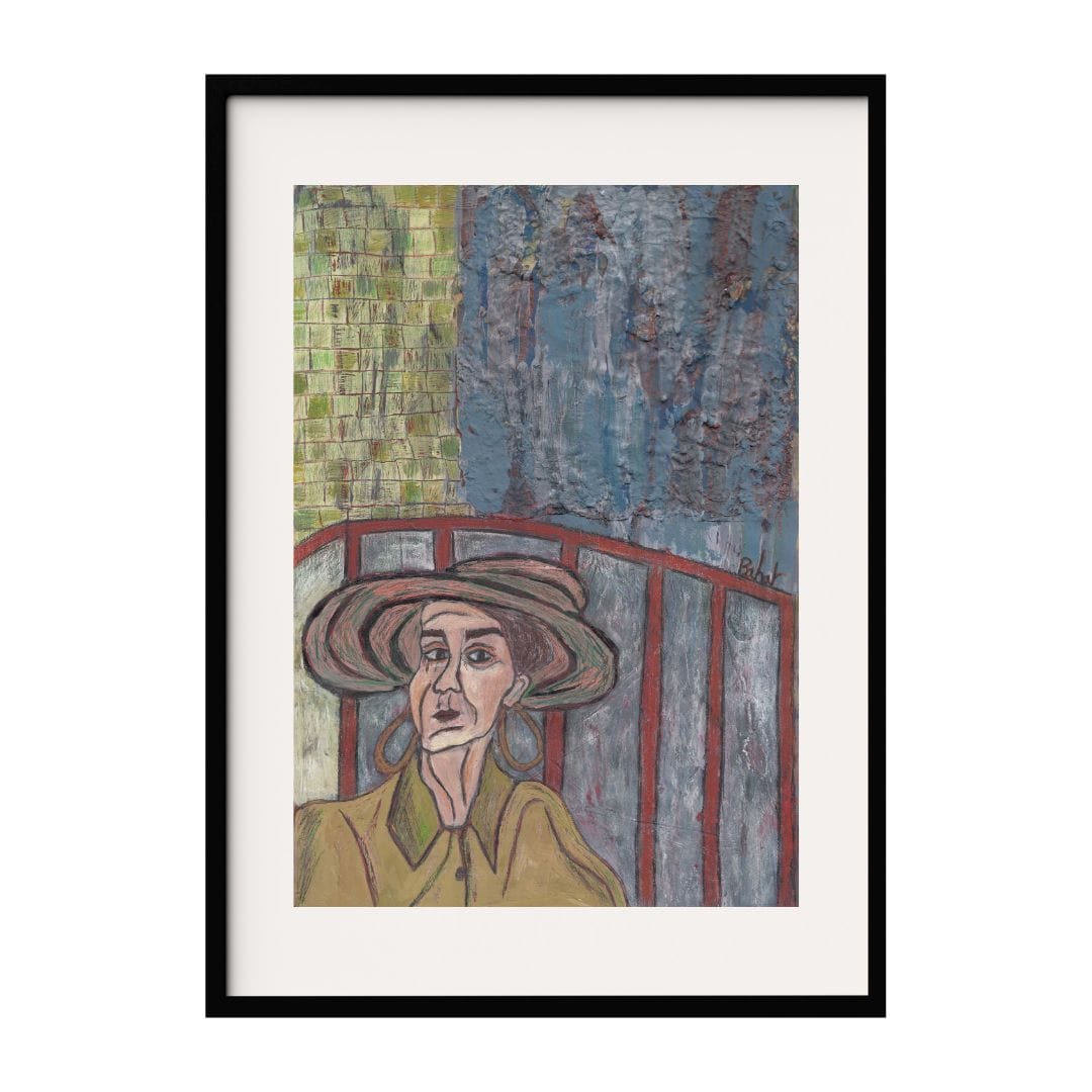 A mixed media artwork showing a woman in a wide-brimmed hat, framed by a textured, multicolored background. The intricate layers and muted tones of her face convey deep introspection making this piece a nice addition to any modern art space.