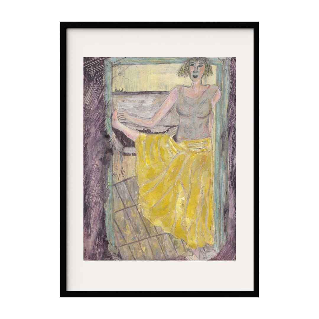 A mixed media art featuring a woman in a yellow skirt, standing in a contemplative pose. The textured background and intricate details highlight her expressive form, making this piece a captivating addition to any modern art collection.