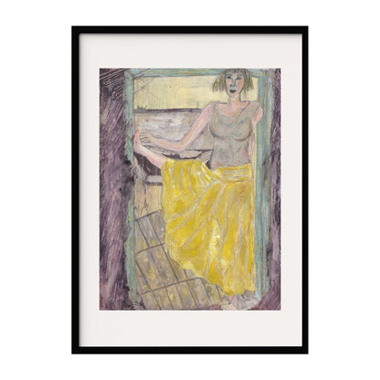 A mixed media art featuring a woman in a yellow skirt, standing in a contemplative pose. The textured background and intricate details highlight her expressive form, making this piece a captivating addition to any modern art collection.