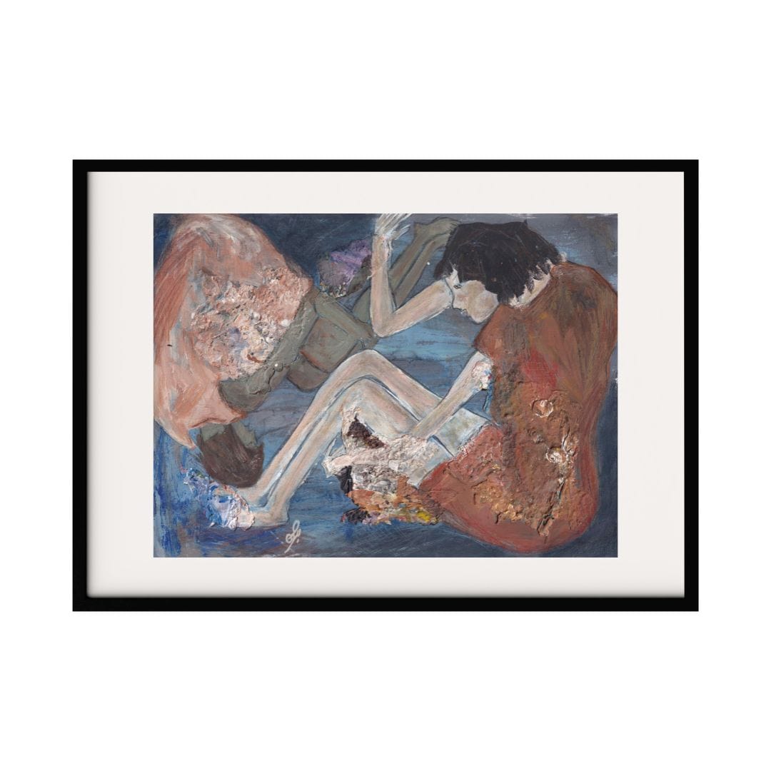 A dynamic mixed media painting depicting two intertwined girls in motion, set against a textured blue background. The use of bold strokes creates a sense of energy and fluidity, making this piece a striking addition to any contemporary art collection